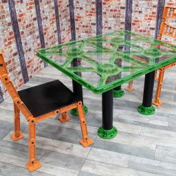 Traction Square Table - Green and Black - Linkage Chair - Orange and Black